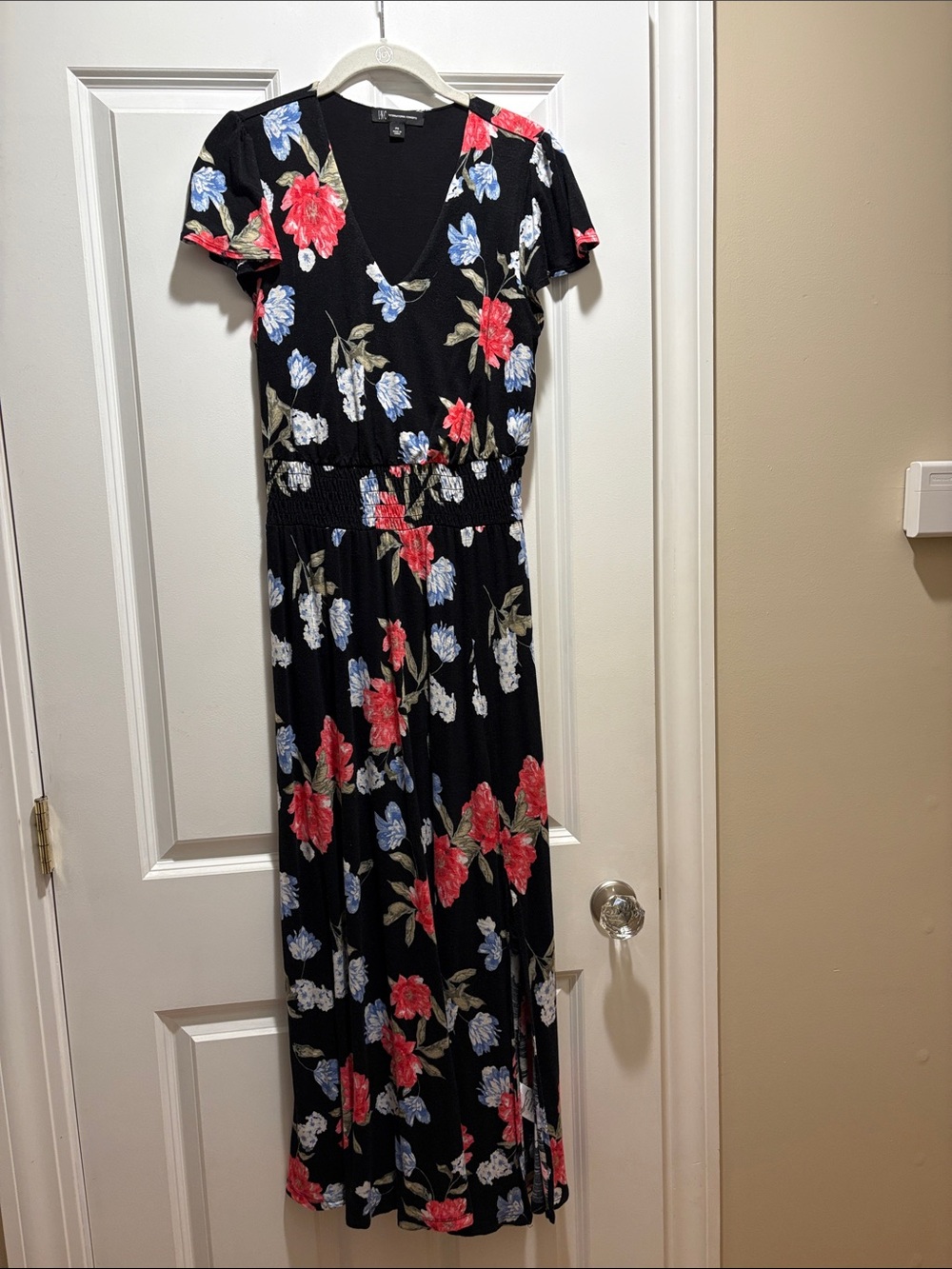 Inc international concepts Black Floral V-Neck Maxi Dress with Red & Blue Blooms